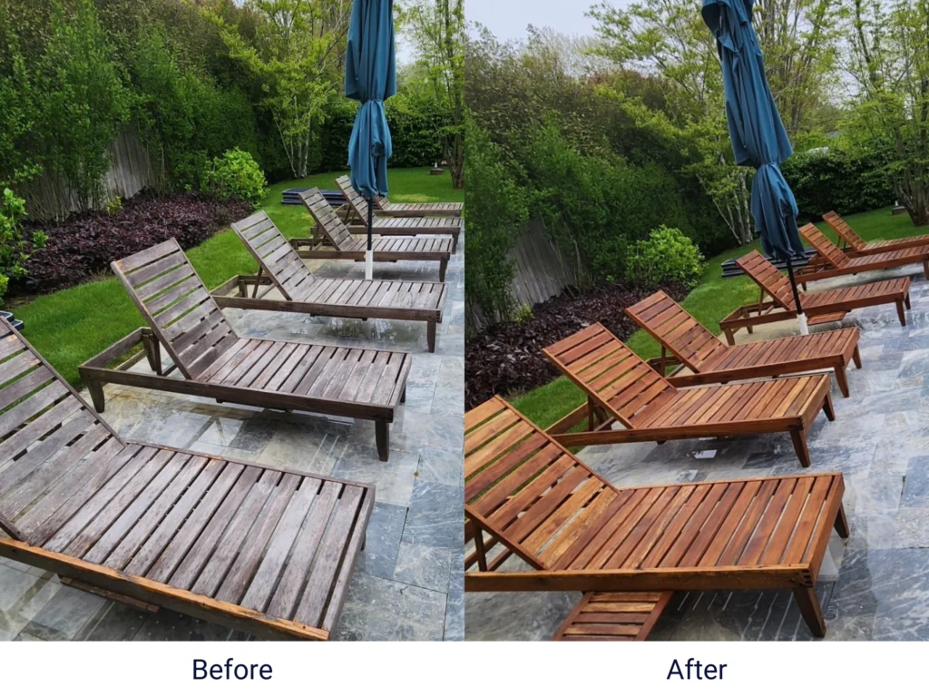 a before and after picture of a result of working on an outdoor chairs, by a soft washing company, Treasure's softwash in Montauk