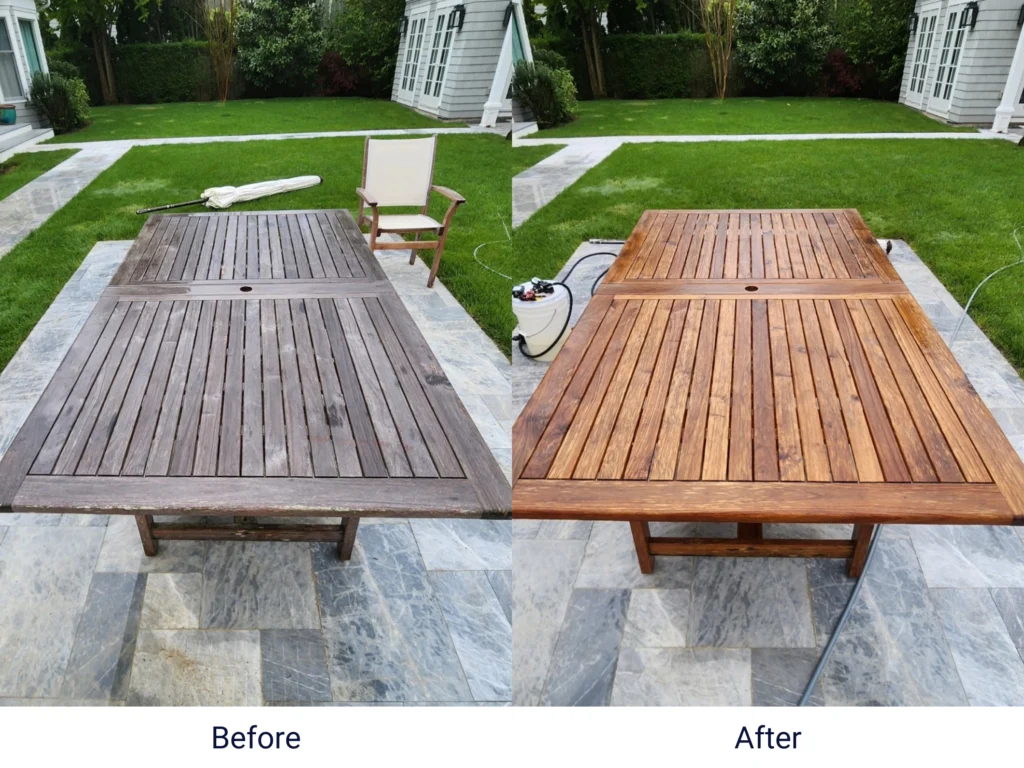 a before and after picture of a result of working on an outdoor furniture, by a soft washing company in Montauk called Treasure's softwash