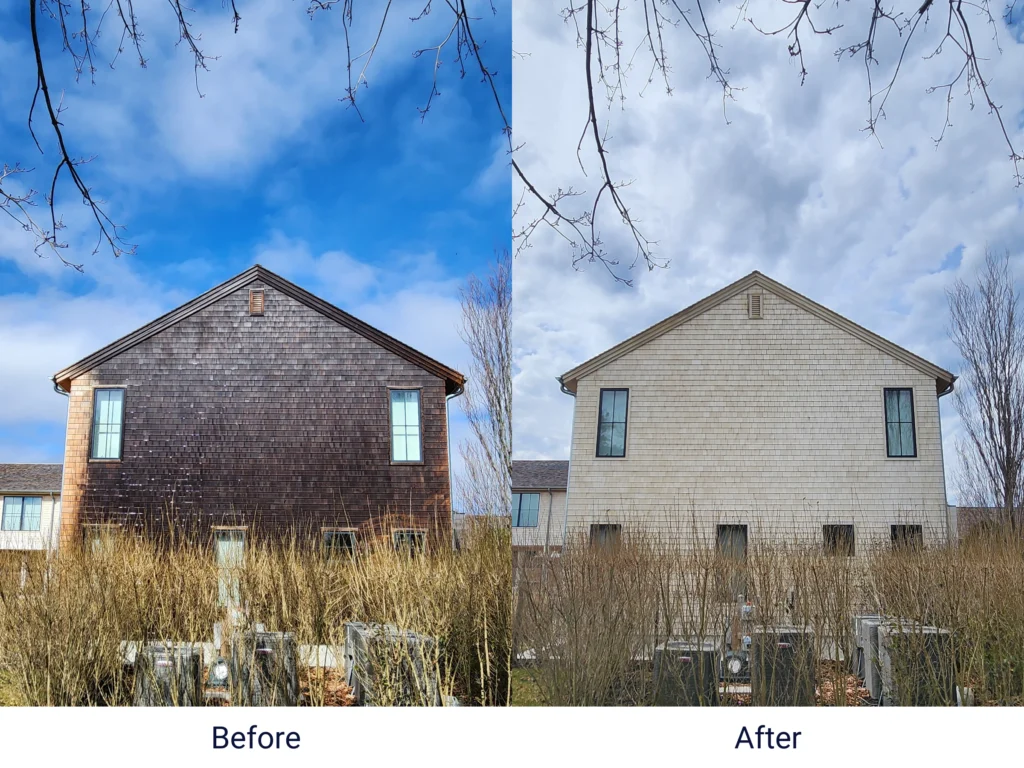 a before and after picture of the best power washing service in Sag harbor, Treasure's softwash, power washing shingles on a house