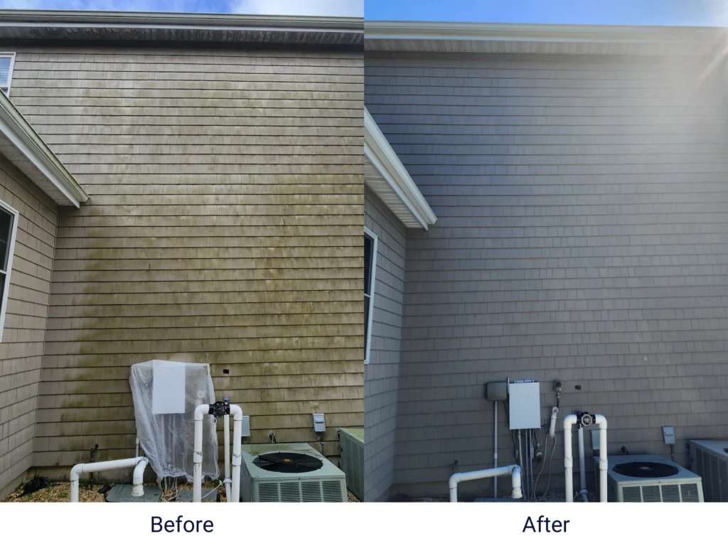 a before and after picture of the best power washing service in Montauk, Treasure's softwash, power washing shingles on a house