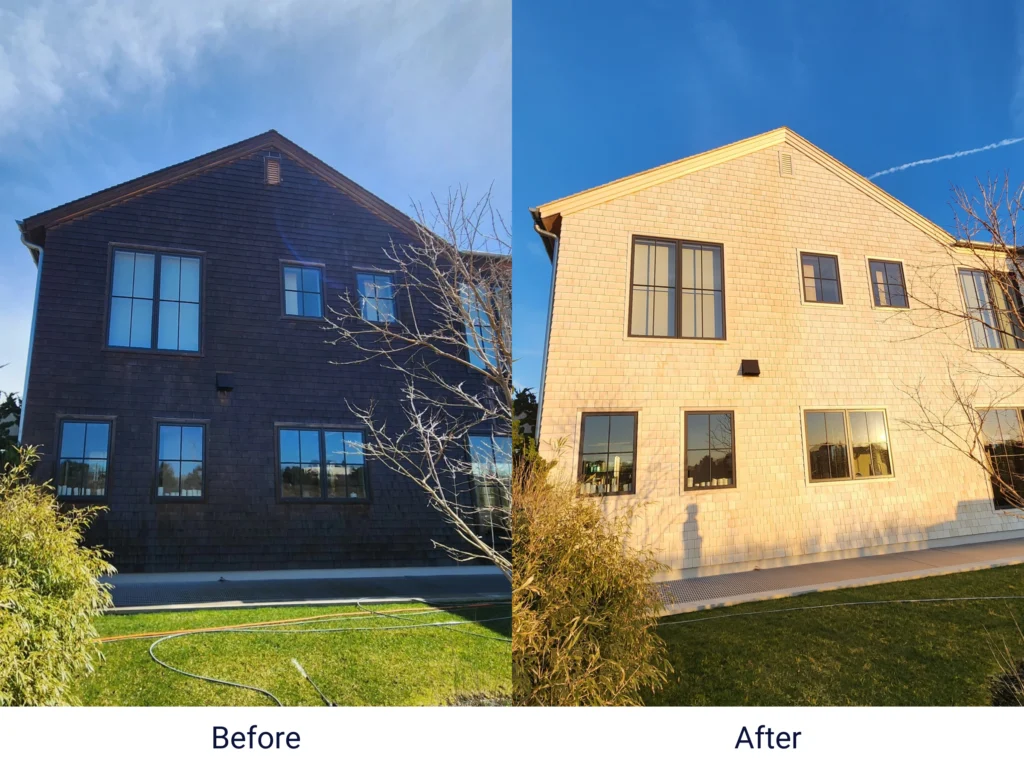 a before and after picture of the best pressure washing service in Southampton, Treasure's softwash, pressure washing shingles on a house