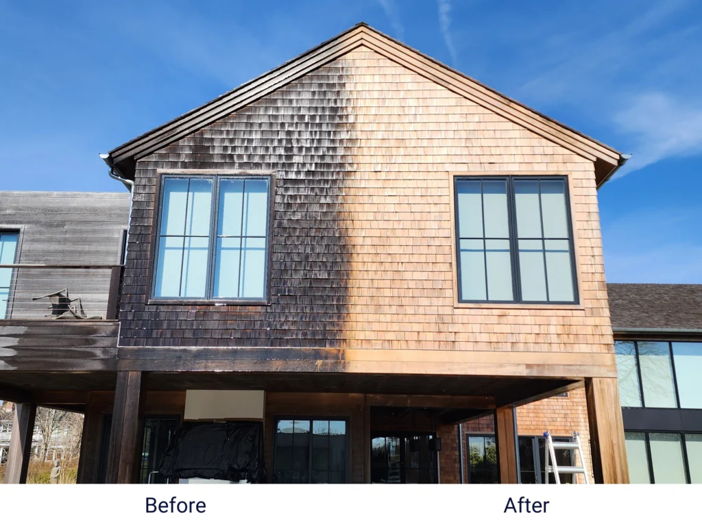 a before and after picture of the best power washing service in Southampton, Treasure's softwash, power washing shingles on a house